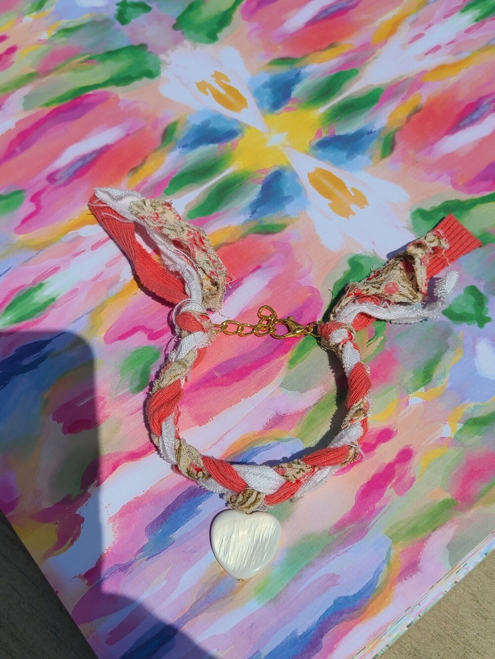 Braided Coral Floral Cream Heart Pendant Bracelet